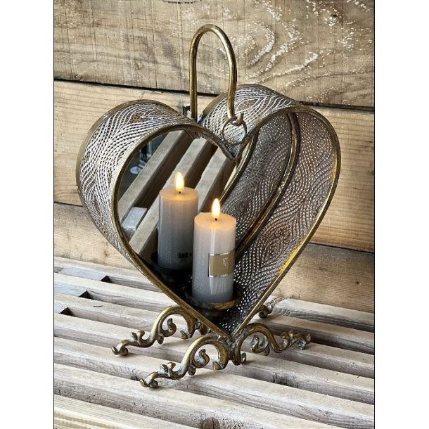 Hjerte lanterne med lysestage og spejl i antik guld